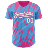Custom Sky Blue White-Pink 3D Pattern Design Splatter Torn Sharp Brush Stroke Authentic Baseball Jersey