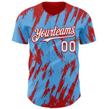 Custom Sky Blue White-Red 3D Pattern Design Splatter Torn Sharp Brush Stroke Authentic Baseball Jersey