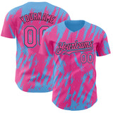 Custom Pink Black-Sky Blue 3D Pattern Design Splatter Torn Sharp Brush Stroke Authentic Baseball Jersey