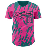 Custom Pink Black-Teal 3D Pattern Design Splatter Torn Sharp Brush Stroke Authentic Baseball Jersey