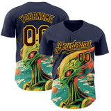 Custom Navy Brown-Gold 3D Pattern Design Alien UFO Psychedelic Galaxy Authentic Baseball Jersey