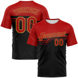 Custom Red Black-Old Gold 3D Pattern Varsity Style Retro Stripe Performance T-Shirt