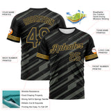 Custom Black Steel Gray-Old Gold 3D Pattern Diagonal Stripe Speed Line Performance T-Shirt