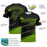 Custom Black Neon Green-White 3D Pattern Diagonal Stripe Halftone Performance T-Shirt