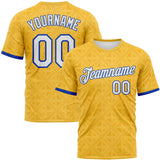 Custom Gold White-Thunder Blue Geometric Sportswear Performance T-Shirt