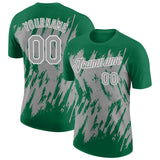 Custom Kelly Green Gray-White Torn Sharp Brush Stroke Splatter Performance T-Shirt