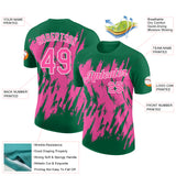 Custom Kelly Green Pink-White Torn Sharp Brush Stroke Splatter Performance T-Shirt
