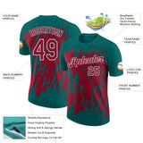 Custom Teal Crimson-White Torn Sharp Brush Stroke Splatter Performance T-Shirt