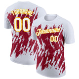 Custom White Crimson-Yellow Torn Sharp Brush Stroke Splatter Performance T-Shirt