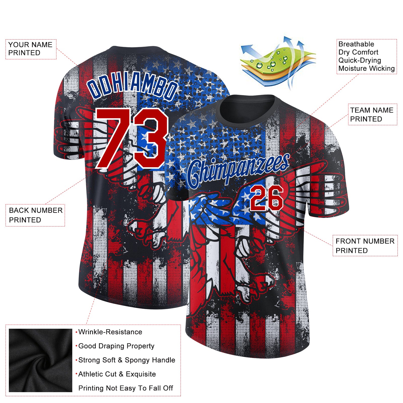 Custom Black Red-White 3D American Flag Fashion Performance T-Shirt
