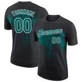 Custom Black Teal-White Dripping Splatter Paint Performance T-Shirt