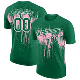 Custom Kelly Green Light Pink-White Dripping Splatter Paint Performance T-Shirt