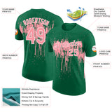 Custom Kelly Green Medium Pink-White Dripping Splatter Paint Performance T-Shirt