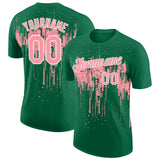 Custom Kelly Green Medium Pink-White Dripping Splatter Paint Performance T-Shirt