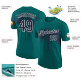 Custom Teal Navy-White Dripping Splatter Paint Performance T-Shirt