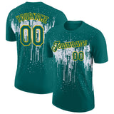 Custom Teal White-Yellow Dripping Splatter Paint Performance T-Shirt