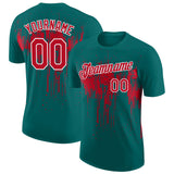 Custom Teal Red-White Dripping Splatter Paint Performance T-Shirt