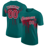 Custom Teal Crimson-White Dripping Splatter Paint Performance T-Shirt