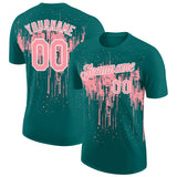 Custom Teal Medium Pink-White Dripping Splatter Paint Performance T-Shirt
