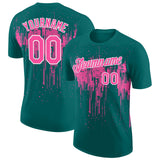 Custom Teal Pink-White Dripping Splatter Paint Performance T-Shirt
