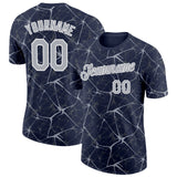 Custom Navy Gray-White Abstract Network Crackle Performance T-Shirt
