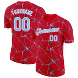 Custom Red Light Blue Gray-White Abstract Network Crackle Performance T-Shirt