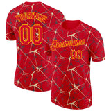 Custom Red Cream Gray-Yellow Abstract Network Crackle Performance T-Shirt