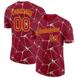 Custom Crimson White Gray-Yellow Abstract Network Crackle Performance T-Shirt