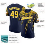 Custom Navy Yellow-White Distressed Scratch Brush Stroke Performance T-Shirt