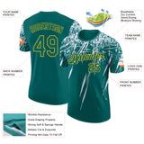 Custom Teal White-Yellow Distressed Scratch Brush Stroke Performance T-Shirt