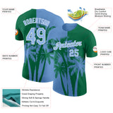 Custom Kelly Green Light Blue-White Hawaii Tropical Coastal Palm Trees Performance T-Shirt
