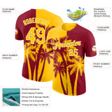 Custom Crimson Yellow-White Hawaii Tropical Coastal Palm Trees Performance T-Shirt