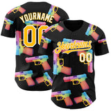 Custom Black Gold-White Colorful Firepower 3D Pattern Design Authentic Baseball Jersey