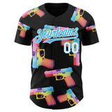 Custom Black Sky Blue-White Colorful Firepower 3D Pattern Design Authentic Baseball Jersey