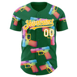Custom Kelly Green Gold-White Colorful Firepower 3D Pattern Design Authentic Baseball Jersey