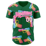 Custom Kelly Green Pink-White Colorful Firepower 3D Pattern Design Authentic Baseball Jersey