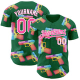Custom Kelly Green Pink-White Colorful Firepower 3D Pattern Design Authentic Baseball Jersey