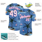 Custom Light Blue White-Pink Tropical Hawaii Palm Trees Summer Beach Flamingo Performance T-Shirt