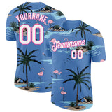 Custom Light Blue White-Pink Tropical Hawaii Palm Trees Summer Beach Flamingo Performance T-Shirt