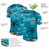 Custom Teal-White Tropical Hawaii Palm Trees Summer Beach Flamingo Performance T-Shirt