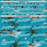 Custom Teal-White Tropical Hawaii Palm Trees Summer Beach Flamingo Performance T-Shirt