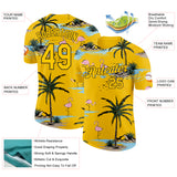 Custom Yellow-Black Tropical Hawaii Palm Trees Summer Beach Flamingo Performance T-Shirt
