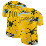 Custom Yellow-Black Tropical Hawaii Palm Trees Summer Beach Flamingo Performance T-Shirt