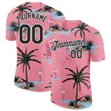Custom Medium Pink Black-White Tropical Hawaii Palm Trees Summer Beach Flamingo Performance T-Shirt