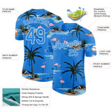 Custom Powder Blue-White Tropical Hawaii Palm Trees Summer Beach Flamingo Performance T-Shirt
