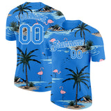 Custom Powder Blue-White Tropical Hawaii Palm Trees Summer Beach Flamingo Performance T-Shirt