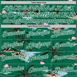 Custom Kelly Green-White Tropical Hawaii Palm Trees Summer Beach Flamingo Performance T-Shirt