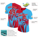 Custom Sky Blue Red-White Hawaii Tropical Coastal Palm Trees Performance T-Shirt