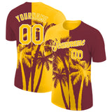 Custom Burgundy Yellow-White Hawaii Tropical Coastal Palm Trees Performance T-Shirt