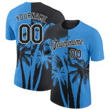 Custom Powder Blue Black-White Hawaii Tropical Coastal Palm Trees Performance T-Shirt